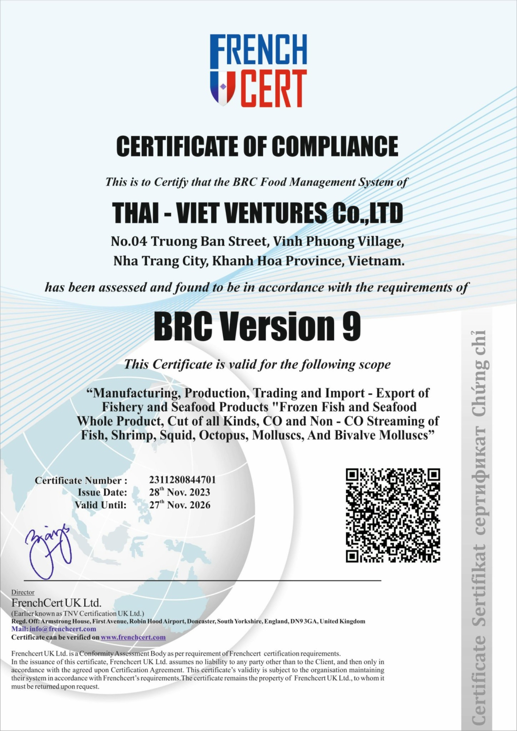 Certificate of compliance  this is to certify  that the BRC Food Management system